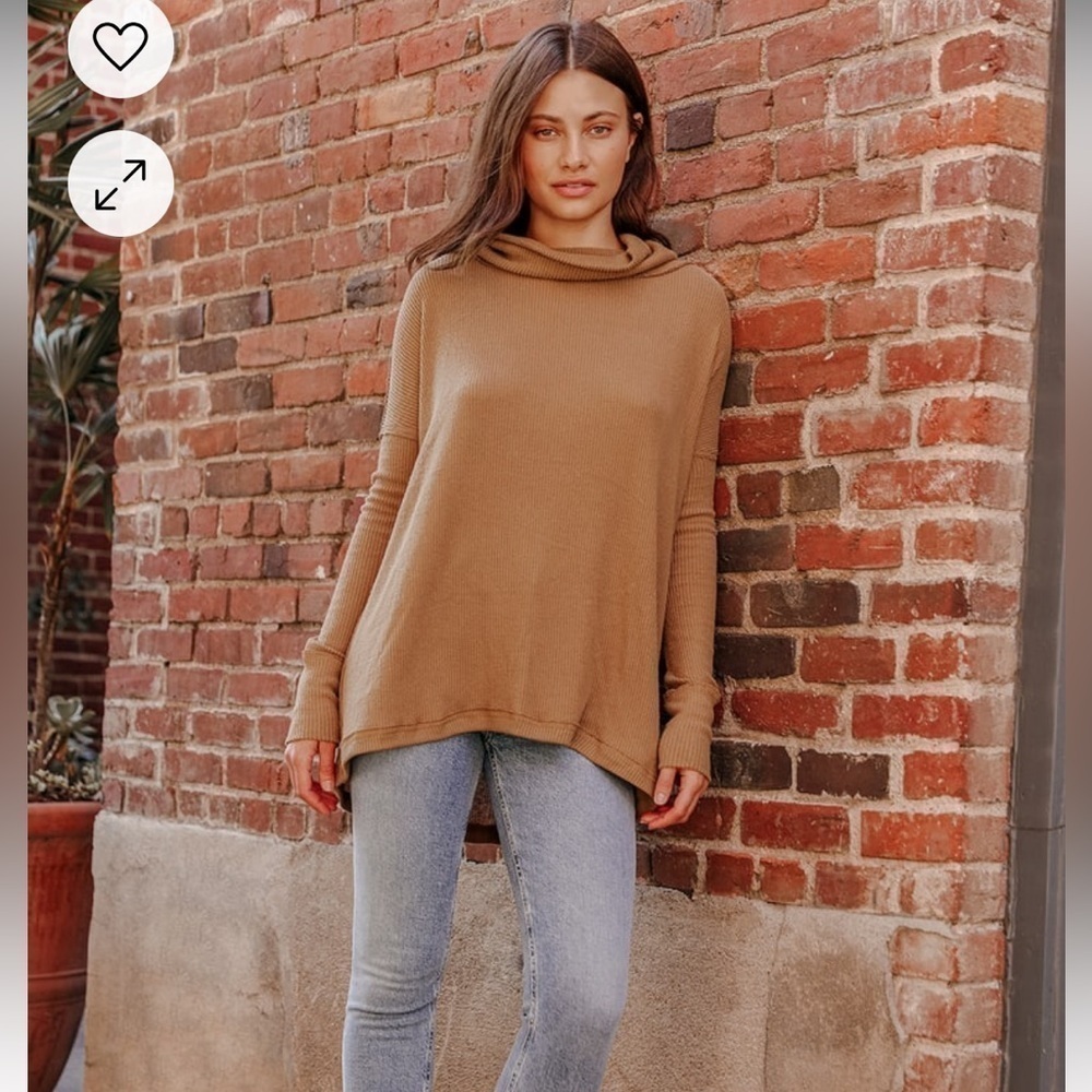 Free People Light Brown Ribbed Knit Cowl Neck Tunic Top Size Small - Picture 3 of 13